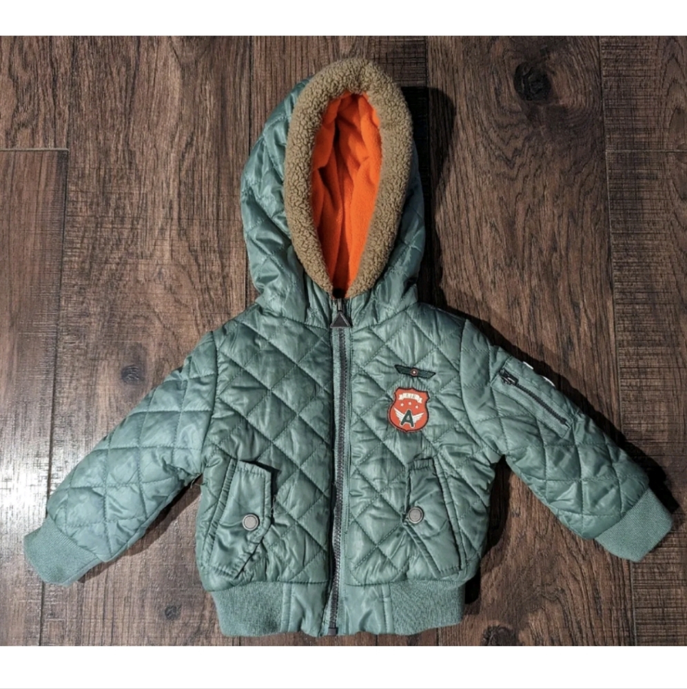 TAHARI Baby Boy 12 Months Green Bomber Jacket W/ Orange Fleece Lining Super Cute